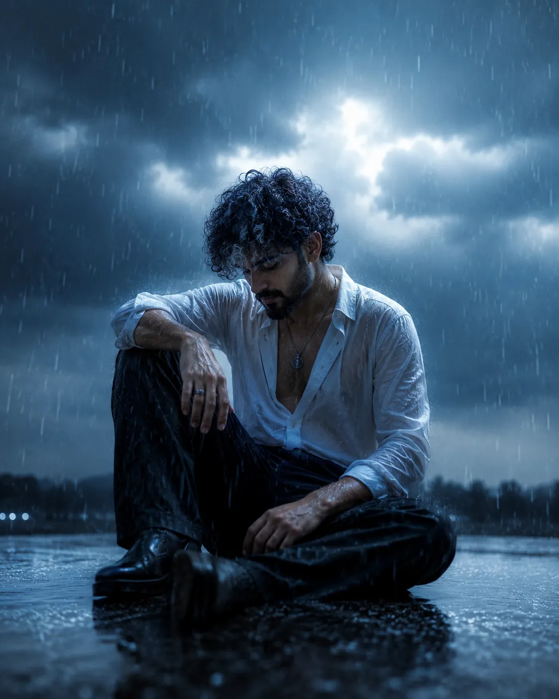 A cinematic anime-style portrait of a stylish young man in a blue shirt holding a red rose under a moody blue light.