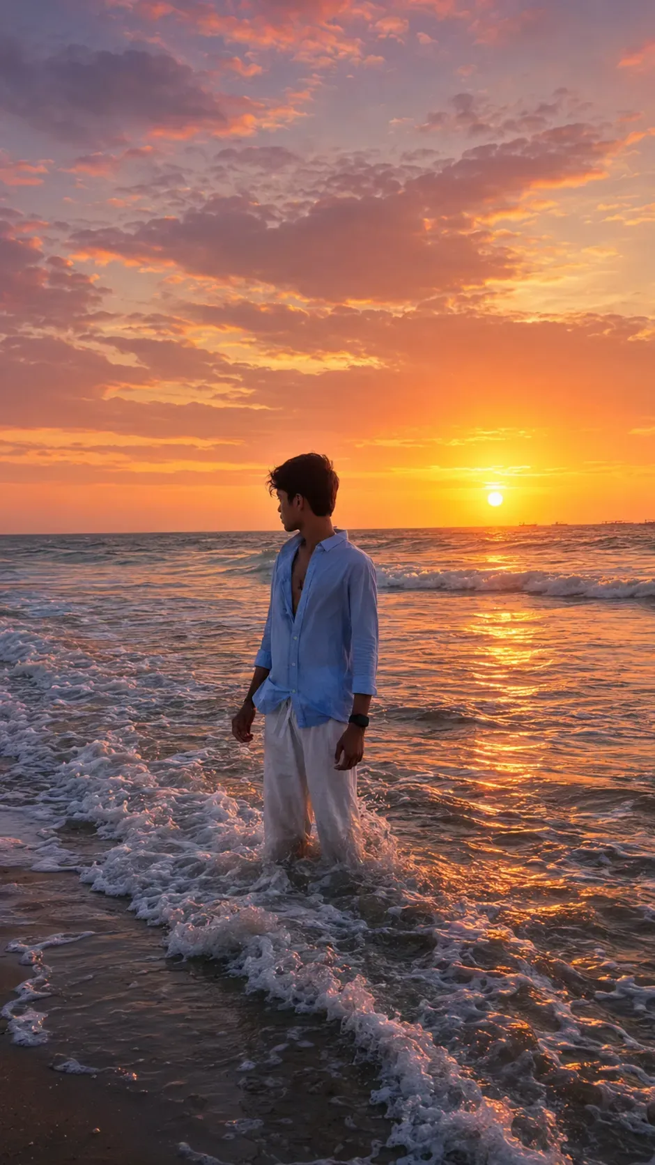 A boy standing barefoot in shallow ocean water at the beach during a cinematic golden hour sunset with an orange and purple gradient sky.