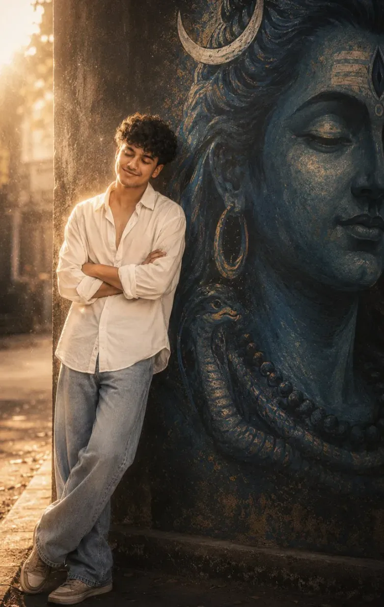 Full-length portrait of a young South Asian man in an oversized white shirt and wide-leg jeans leaning against a wall next to a blue Lord Shiva mural under glowing backlight with a grainy 90s film look.