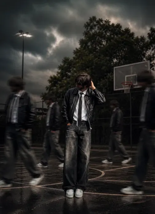 A teenage boy in streetwear stands on a basketball court with motion blur clones of himself under a moody dark sky.