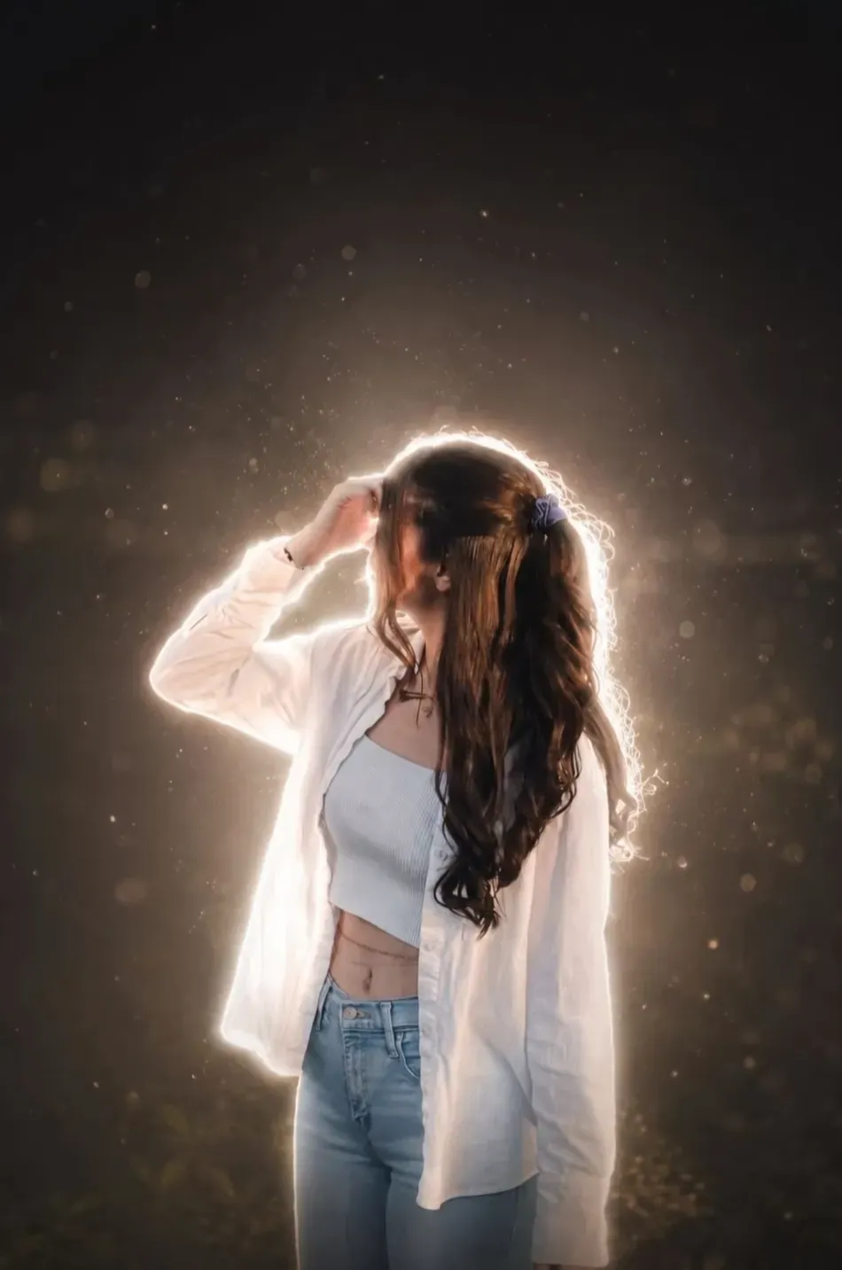 Cinematic night portrait of a girl with a soft white glowing backlight, rim lighting, and a dark background.