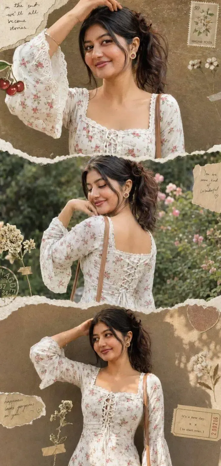 Three-panel vertical vintage scrapbook collage of a young woman wearing a white floral kurti in various poses with torn paper edges and stickers.